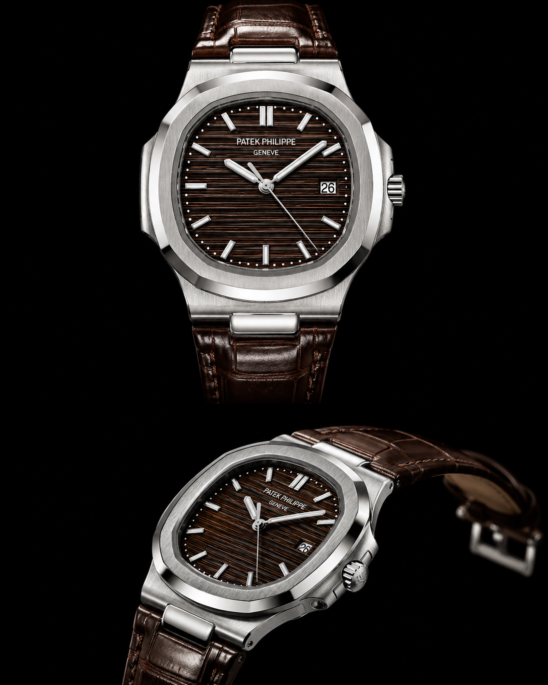 Luxury Men’s Nautilus Style Watch – Brown Dial, Silver Stainless Steel Case & Leather Strap