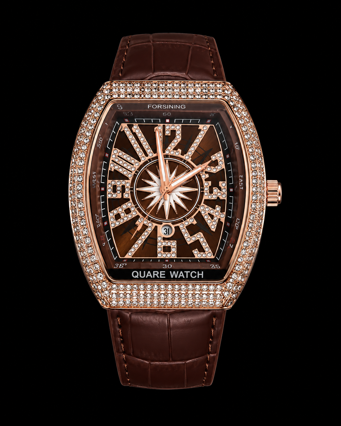 DENVOSI Luxury Men’s Square Watch – Crystal Studded Brown Dial with Brown Strap